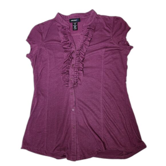 Purple Ruffle Button Front Blouse Short Sleeve Babydoll Top Women’s XL Work - Picture 6 of 6